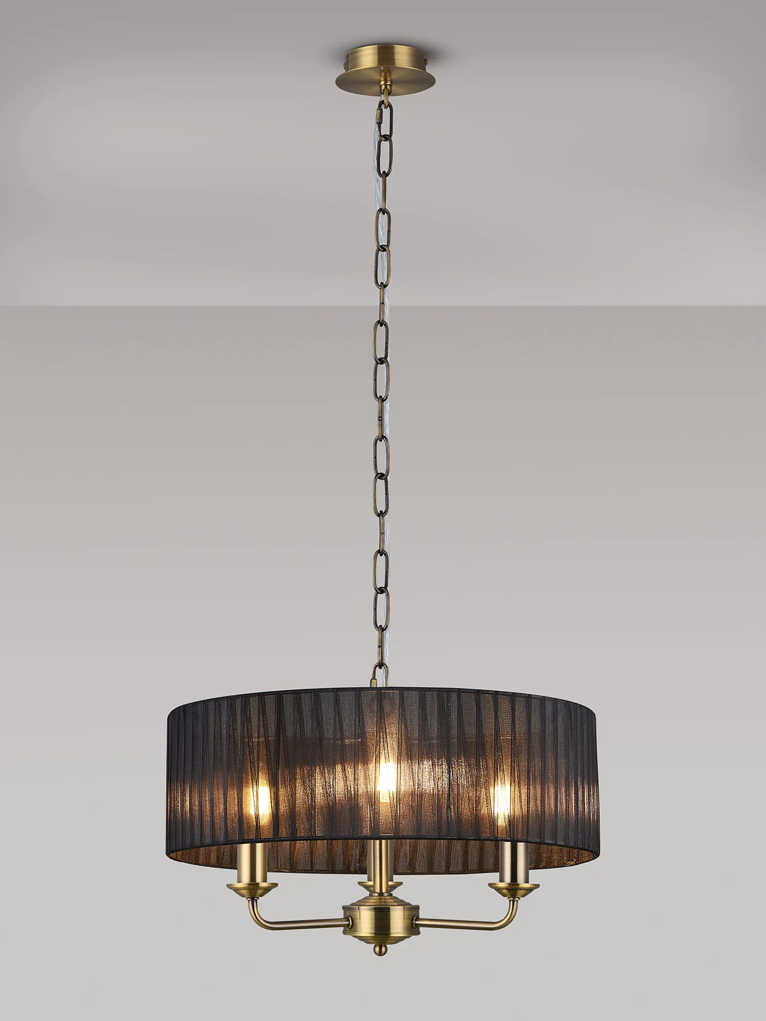 Banyan 3 Light Multi Arm Pendant With 45cm x 15cm Organza Shade Antique Brass/Black DK0867  Deco Banyan AB BL